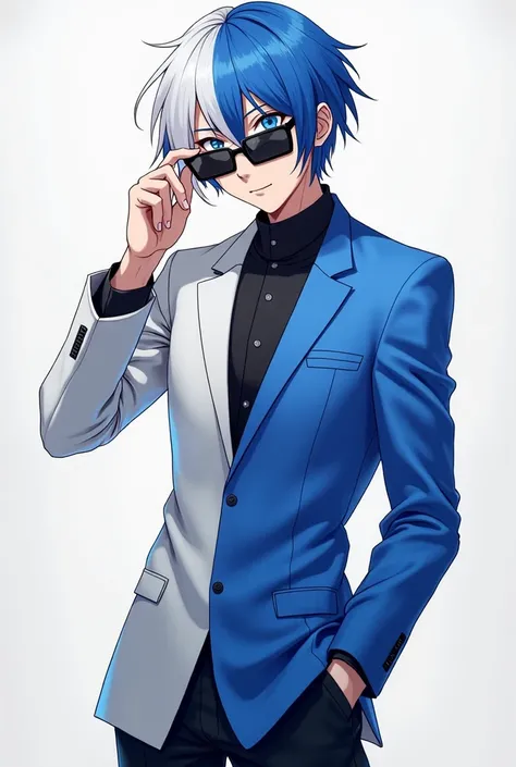  An anime character who wears a half white and half blue suit with square black sunglasses and black pants, with hair half white on the left and blue on the right and two blue eyes .