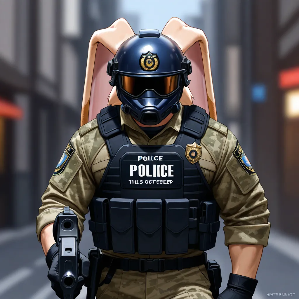 Vanilla The Rabbit, the police officer is walking down a street with a gun on his shoulder, gun, helmet, weapon, bulletproof vest, gloves, blurry, blurry background, military, male focus