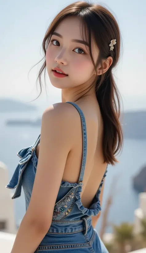 The full-body photo of a beautiful and attractive 20-year-old woman showing in a flirtatious pose against the backdrop of a view from a hill overlooking the city and sea of ​​Santorini.
A strong light shines on her, making her appear bright and radiant.
He...