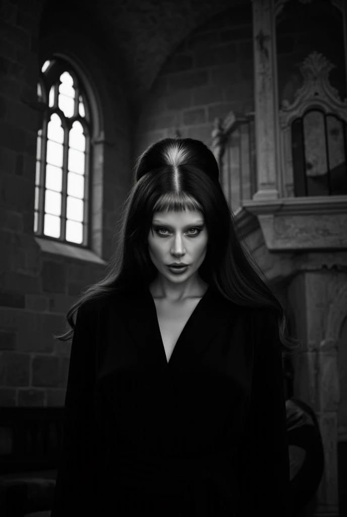 A black-and-white portrait of Lady Gaga, gothic castle interiors, 40s horror movie style, Universal Monsters style, wearing a black hairdo with a white streak