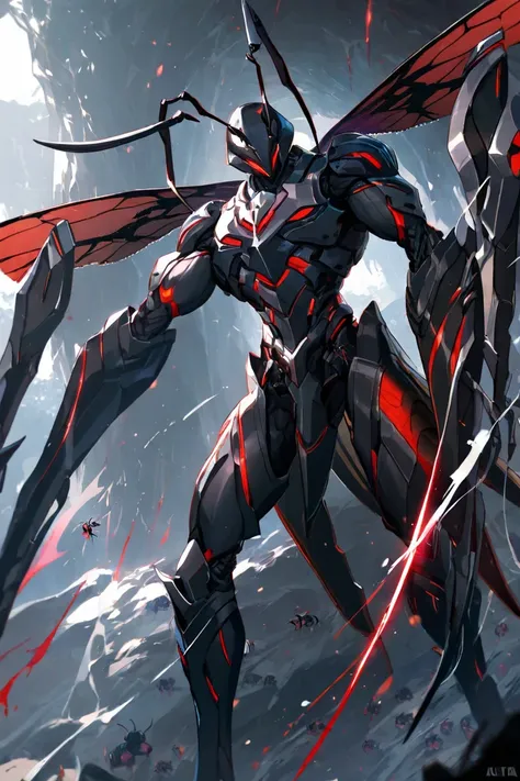 Alta qualidade, 8K Ultra HD, Ant, (Male humanoid), black and gray outer carapace body, Bipedal, Red half-slit eyes, Long antennae, Ant head, insect mouth. Tall body, wide torso, muscular, Armored outer carapace body, Long arms, Long legs, Long torn insect ...