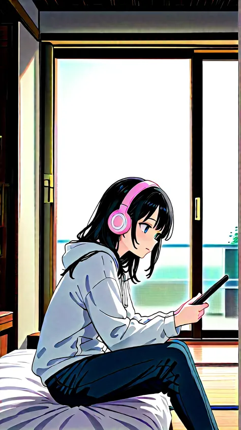 A Japanese anime-style illustration of a young woman with long, slightly wavy black hair, wearing large over-ear headphones, sitting on a cozy bed by the window on a rainy night. She is dressed in a warm hoodie and jeans, holding an e-reader as she enjoys ...