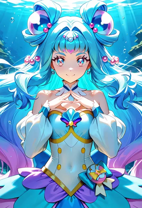  top quality,  very detailed,  Masterpiece, anime,  one girl,  alone,  Cure La Mer, feather hair ornament, (Beautiful fine details),  very detailed顔, Exquisite CG  , Complete Technique), straight hair, Cute Poses, Underwater Backgrounds , has a big smile,