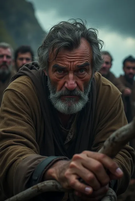 "Dramatic close up of Noah , tired and exhausted,  holding a wooden tool while working on the ark. In the background,  a mob mocking and laughing at him . dark sky,  giving a tone of challenge and resistance .