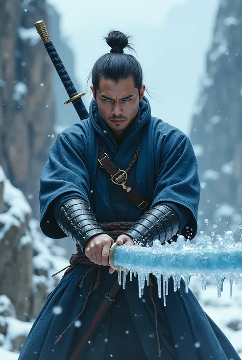 Handsome samurai in combat posture with his eyes flashing blue, wielding an ice-wrapped katana