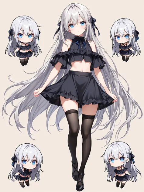 ((masterpiece, best quality, extremely detailed)), 1girl, ((chibi, chibi only)), silver hair, very long hair, blue eyes, petite, cropped shirt, frills, sleeveless, skirt, off-shoulder jacket, hair ribbon, black thighhighs,, looking at viewer, full body, no...