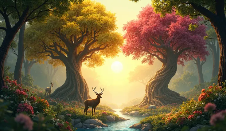 " high definition image ,  Disney Pixar style.  In the center of the lush Garden of Eden ,  two majestic trees stand out :  the Tree of Life and the Tree of the Knowledge of Good and Evil .  The Tree of Life has a sturdy and shiny trunk ,  with vibrant lea...