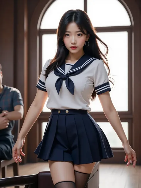 hyper-realistic, highres, Korean girl, occupation is idol, black long hair, big chest, Sailor school uniform, short navy pleats skirt, thigh stocking, cowboy shot, ((from below)), 