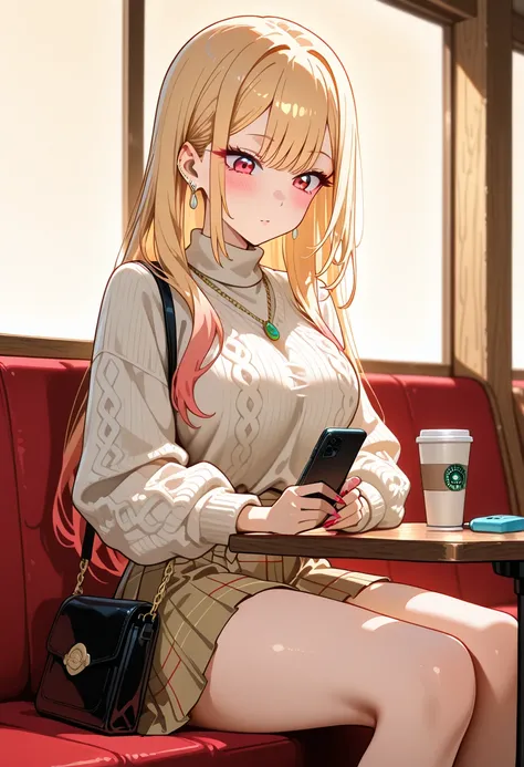 Marin Kitagawa, sitting at a cozy cafe booth, body turned slightly away from the camera at a 3/4 angle, casually re-crossing her legs while looking down at her phone with a neutral expression, long sleek blonde hair framing her face, light pink ombre hair,...