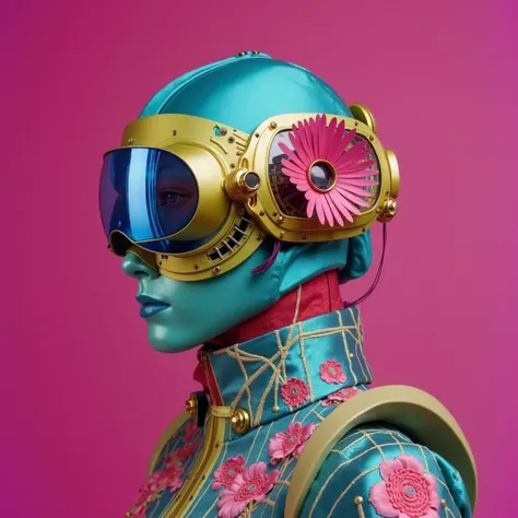 Create a vibrant, futuristic cyberpunk-inspired portrait of a humanoid figure with teal-colored skin, wearing an intricately designed metallic helmet with gold and pink elements. The helmet features a large, high-tech goggle with a reflective blue lens and...