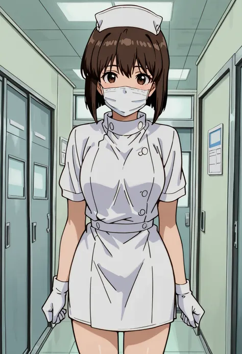 Score_9, score_8_up, score_7_up, IppoKumiOld, solo, brown hair, short hair, bangs, brown eyes, (best quality), (high quality), {masterpiece}, extremely delicate and beautiful, ultra-detailed, beautiful detailed eyes, nurse, nurse hat, ((white nurse's outfi...