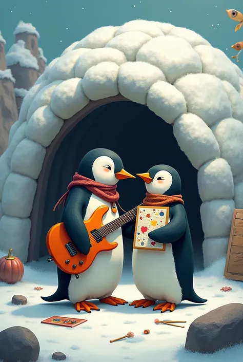 A guitarist penguin and an artist penguin standing in front of an alternative igloo touching beaks