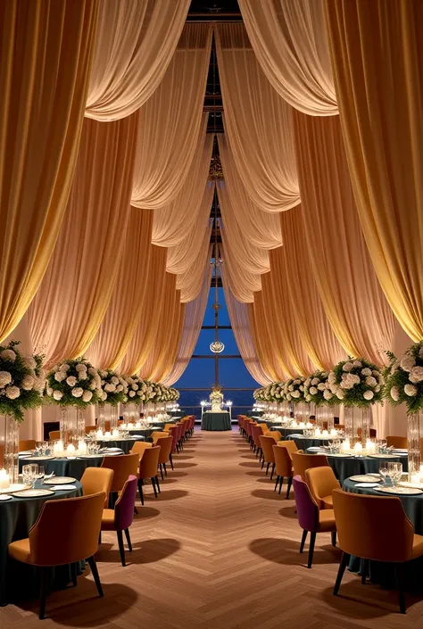 Transform the grand hotel hall (90m x 45m) into a Ramadan-inspired dining oasis, where serenity and beauty take center stage. Designed for a low-ceiling space, this design uses a variety of unique elements to create an enchanting, cozy atmosphere that feel...