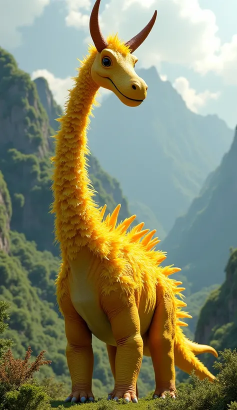 Brontosaurus looks very big, has a long neck, 2 very long horns, has very soft and long bright yellow feathers all over its skin and face, green mountain background