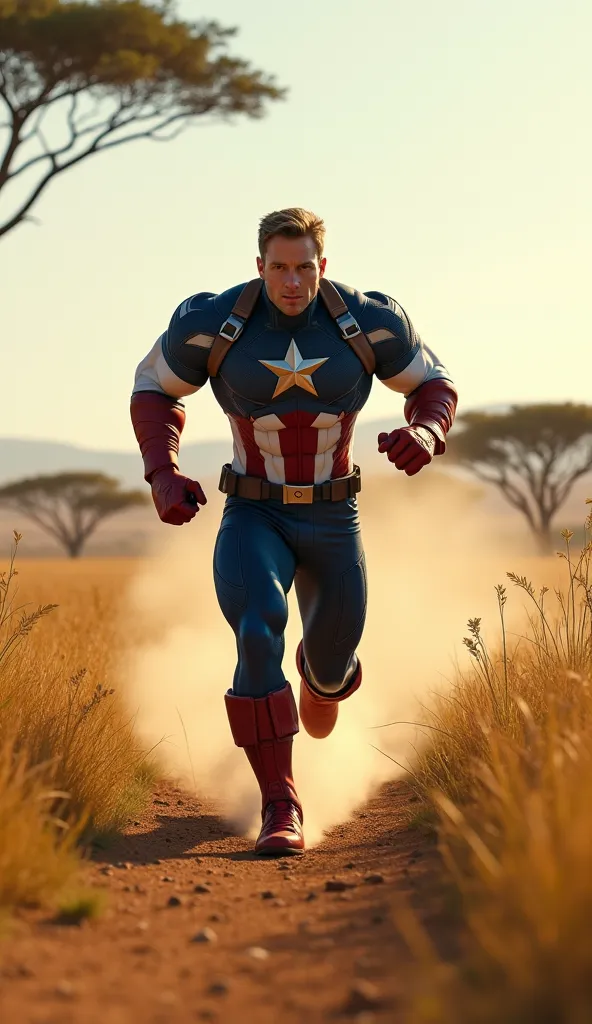 Super muscular red Captain America running backwards at full speed across an African savanna,  ultra real and professional images