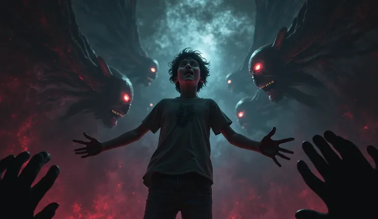 A dark, terrifying scene summarizing a near-death experience with cosmic horror elements. A age boy floats helplessly in a vast, shadowy void filled with monstrous, distorted entities with piercing, glowing eyes. The void is dominated by deep blacks, dark ...