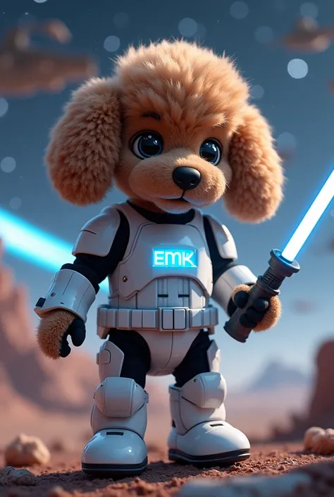 Stromtroopper in the form of a cute brown poodle toy dog, AI in a mobile, laser sword, star war, on the shirt, there is a glowing cool lettering, the word EMK. The background is a space war.