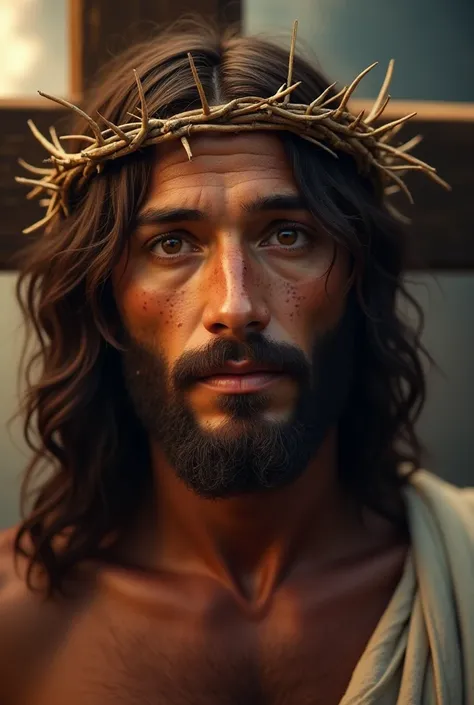 A hyper-realistic image of Jesus Christ looking directly at the camera. The image captures only the upper part of his body, emphasizing his deep, compassionate eyes. A crown of thorns rests on his head, with a few small scratches but no stains on his face....