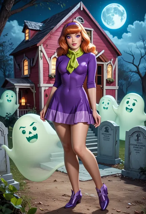   Daphne Blake with Scooby Doo  , Sexy woman, pretty and delicate ,  young,   red hair, violet eyes,  Purple mini dress ,  green scarf ,Thighs thick and apparent  ,  small and beautiful butt  , purple shoes, sensual, mysterious, disaster fund,   she is in ...