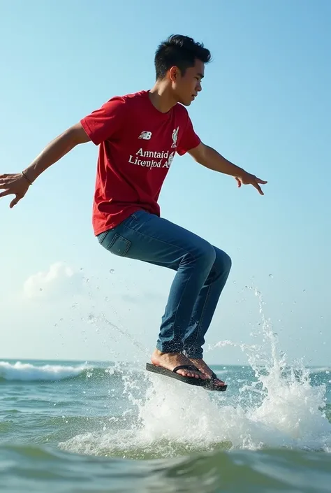 Seen from the side, an Indonesian man with short hair, wearing a Liverpool t-shirt, flip-flops, long jeans is flying low above the sea, his feet are floating above the surface of the sea water, causing splashes of water. the wind blows, the waves crash