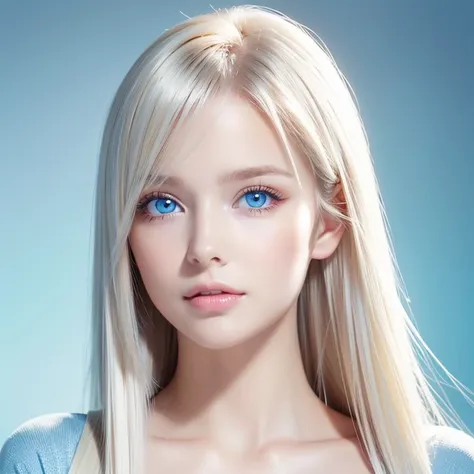  Unrivaled Beauty , Glowing, firming and radiant skin,  bangs between eyes,  shiny straight beautiful platinum blonde,  super long straight silky hair ,  eyeliner,  sexy beautiful innocent  , high definition big beautiful very bright light blue eyes,  beau...