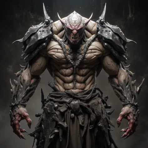 deadly orc, dirty white skin, fierce face, metal plates protruding from the body, well-designed symmetrical hands