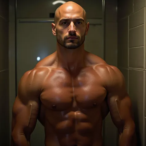 gorgeous bald manly muscleman in bathroom (excessively pervasively muscular) (excessively pervasively vascular) (gorgeous beautiful shiny) (adult male human) (full body) (excessive pervasive humanity) (excessive pervasive masculinity) (excessive pervasive ...