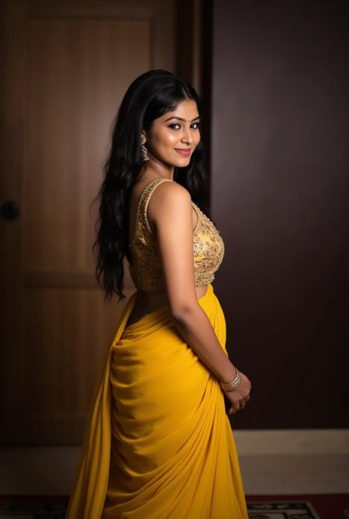 Photo of Beautiful south indian dusky darkest blackest ebony skin coloured young girl in a function in dull yellow lehenga flaunting her curves from behind