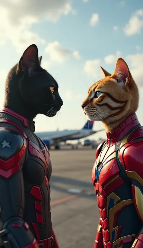 Visual Details: Spider man the cat with his suit, War machine the cat with his armor suitt, Iron man the cat with red and gold armor suit, Black panther the cat with his black suit, and vision the cat with his suit and cape and all are are face to face bat...