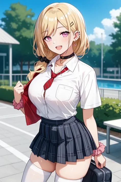  girl,  fit girl , KJOmarin, blonde hair, length hair,  pink eye,  earrings,  ear piercing, multicolored hair,  score_9,  score_8_ up the side,  score_7_ up the side,  source_Anime,  Masterpiece, top quality, huge chest, Fancy fixes,1人の girl,   jewelry,  t...