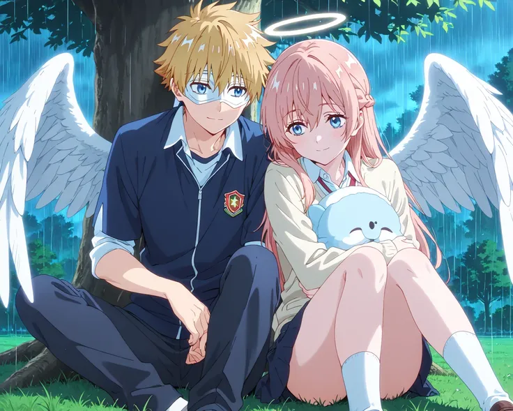 rain,tree background,duo focus,couple, japan student uniform,sitting on grass,hugging under trees,Shelter from the rainมBREAK,1boy,inuzuka shuu, blonde,Full pure White hero masked men anime,white hero mask,white eye mask,angel,big white angel wing,angel ha...