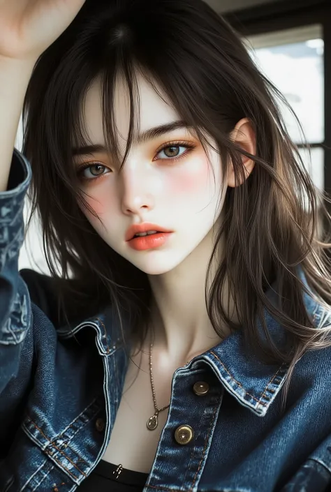 Girl, light brown hair, dark gray eyes, sharp features, light white skin, shiny, beautiful, perfect lips, wearing a dark blue Jean shirt and jacket, high resolution, clear colors .