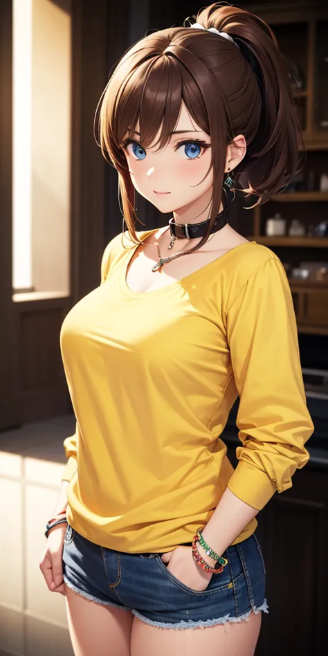  1 female, high definition, high resolution,  ultra-realistic  ,8Kbbmazaki ,  ponytail ,  hair jacket , collar, (( yellow shirt)),  brown hair,blue eyes, bracelet ,jeweler&#39;s,black thong,European,sexy, photographed from the front , Dynamic Angles ,blush...