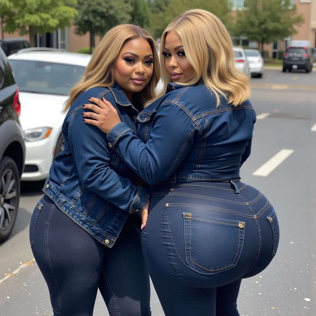 2 cute blonde plump, firm legs, thick curvy plus-size model, huge big firm MASIVE BUTT, small waist CONTRAST huge masive hips. wearing dark blue shiny skinny JEANS jeggings (made of WETlook, soaked wet fabric), huge prominent big back pockets, skinny legs ...