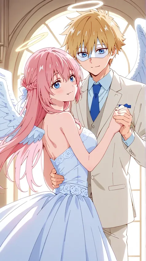 wedding background,duo focus,couple, wedding dress,hugging,holding hands,BREAK,1boy,inuzuka shuu, blonde,Full pure White hero masked men anime,white hero mask,white eye mask,angel,mysterious grin,fang out,big white angel wing,angel halo,golden eyes,playful...