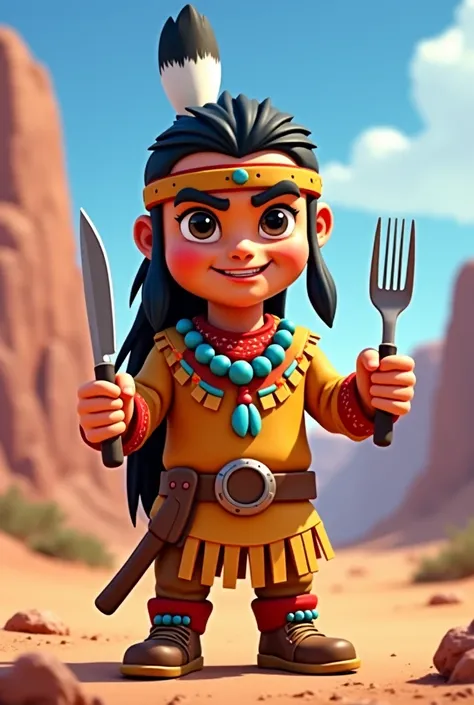 cartoon apachie of  holding knife and fork