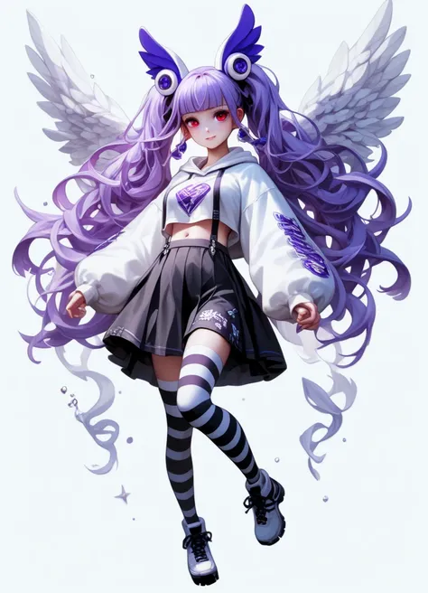 best quality, amazing quality, very aesthetic, absurdres, pixel, 1girl, althea, purple hair, blunt bangs, twintails, long hair, red eyes, white cropped hoodie, white long sleeves, black suspenders skirt, navel, medium breasts, black and white striped thigh...