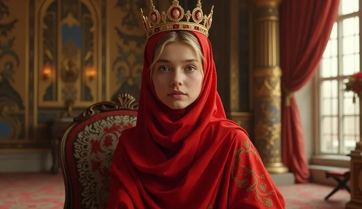 A picture of a blonde girl wearing a hijab and a red dress and wearing a crown on her mind and sitting inside the palace