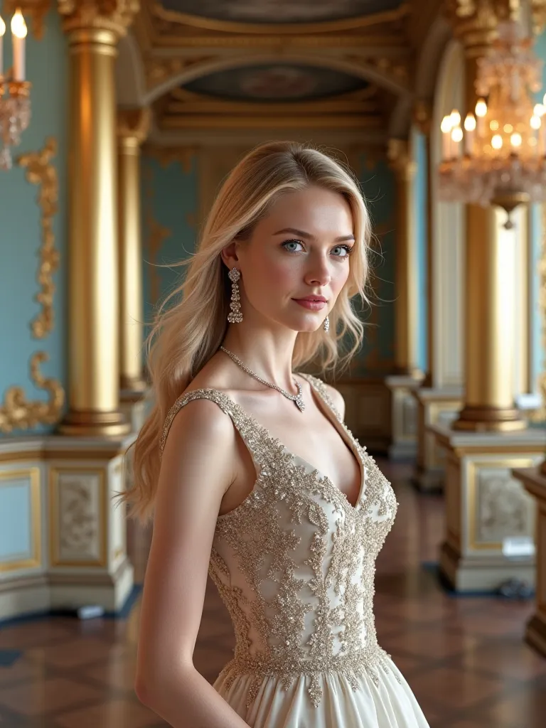 Draw a woman with model Victoria Turner’s face and she is wearing a 21th century royal family style dress and she is standing in the Winter Palace of the Russian Empire, she has white skin color and blonde hair, she is wearing jewelry