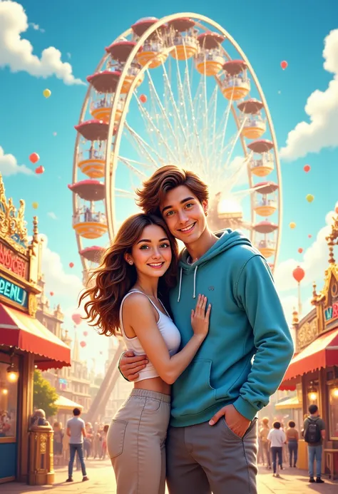  Valentine'sCartoonAdventure,  A vibrant digital illustration of a cute couple standing in front of a Ferris wheel at a carnival. The woman, with long brown hair, wears a white top and beige pants, while the man, with short brown hair, sports a blue hoodie...