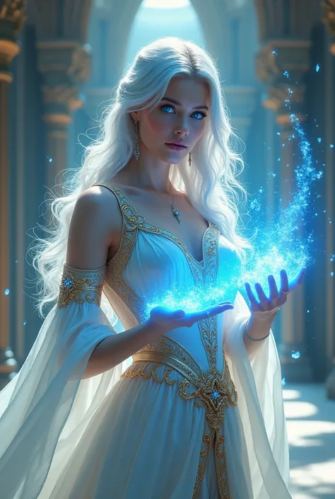 Woman with silver blue hair and glowing blue eyes, in a white and gold royal gown using magic