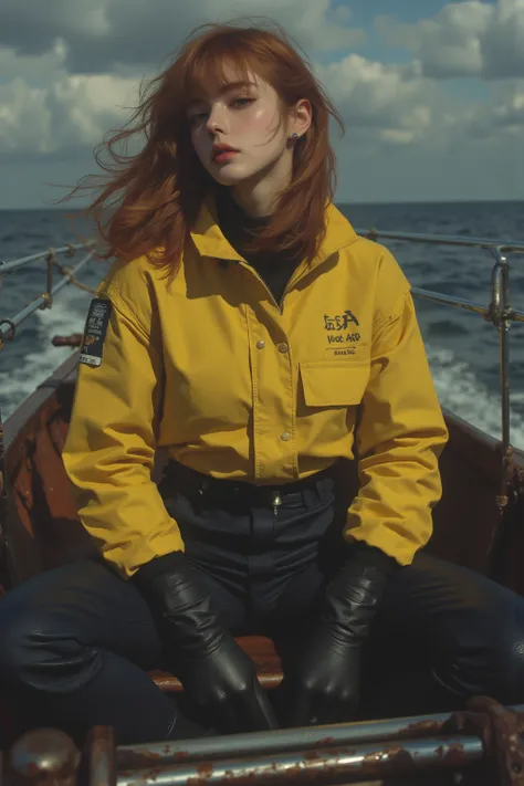 ( masterpiece:1.2),  top quality,  Picture of a beautiful female fisherman wearing a yellow raincoat, Ginger hair, 40 years old, Wearing a yellow raincoat,  (On a fishing boat:1.3),  Black clouds , Photo realistic, Hyper realistic,  hyperdetail ,  analog s...