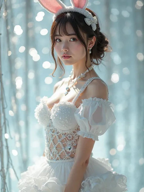 real photograph, Full Portrait ,
Glittering and bright portraits, (masterpiece), (highest quality), (Super detailed), (shape), (retreating figure , one japanese girl), Pretty face like an idol, (a frill and jewelry glitter White Bunny Girl Costume fully ma...