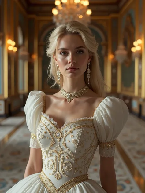 Draw a woman with model Victoria Turner’s face and she is wearing a 21th century royal family offical style dress and she is standing in the Winter Palace of the Russian Empire, she has white skin color and blonde hair