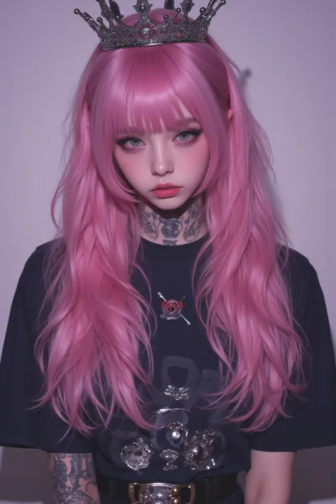  an arafe girl with pink hair and a crown on her head, Cybergoth, Punk costume wearing,  anime girl cosplay , Cybergoth , Anime cosplay,  as an anime girl, Tattoos on face and body ,  Belle Delphine photo , Punk costume wearing, with pink hair,  anime girl...