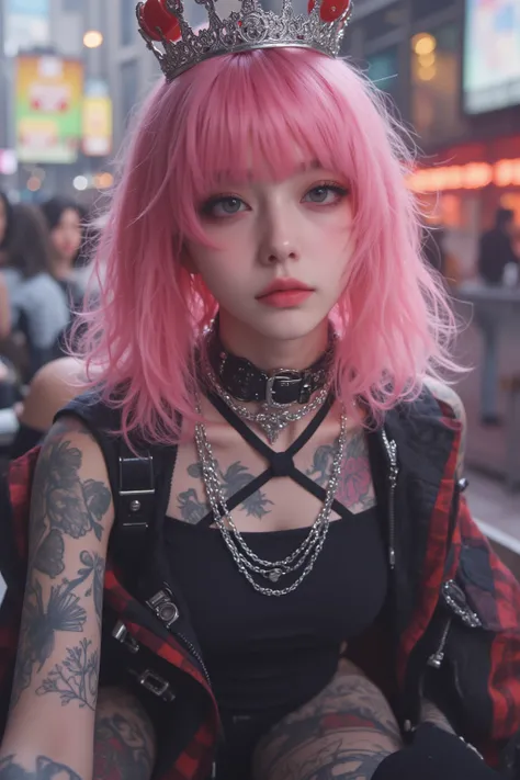  an arafe girl with pink hair and a crown on her head, Cybergoth, Punk costume wearing,  anime girl cosplay , Cybergoth , Anime cosplay,  as an anime girl, Tattoos on face and body ,  Belle Delphine photo , Punk costume wearing, with pink hair,  anime girl...