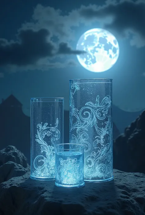 Glass engravings with a full moon background