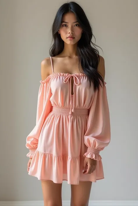 a clear bright soft focus photorealistic from bottom to 45-degree angle of a charming young woman, black long hair, who wears the short dress with a beautiful shade of pink, possibly a blush or rose tone, the fabric appears to be a light and flowy material...