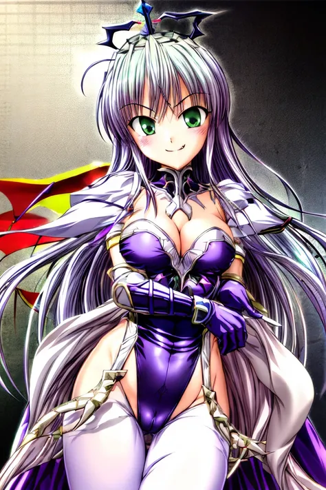 Tabletop, highest quality ,Fina Anime Image, Crown, Green eye, Light purple hair, Long Hair, Enamel leotard bodysuit with attention to detail, White gloves, Sharp lines, Has cleavage,Thighs,(evil Smile:1.4)、 (Evil Executive)、1 girl,Dark aura,Emblem glowing...