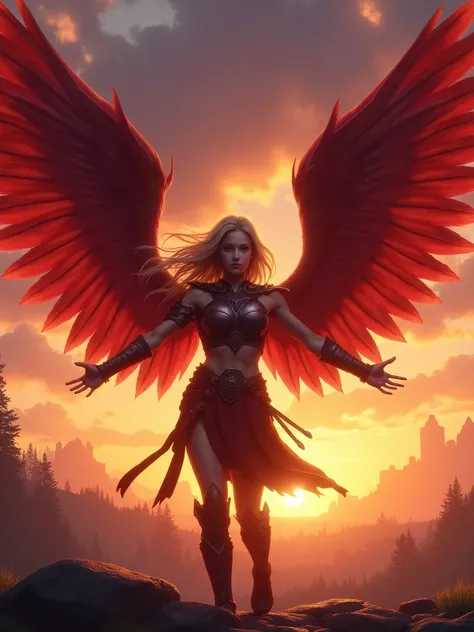 a blonde warrior girl with red wings and stretched out arms against a sunset sky